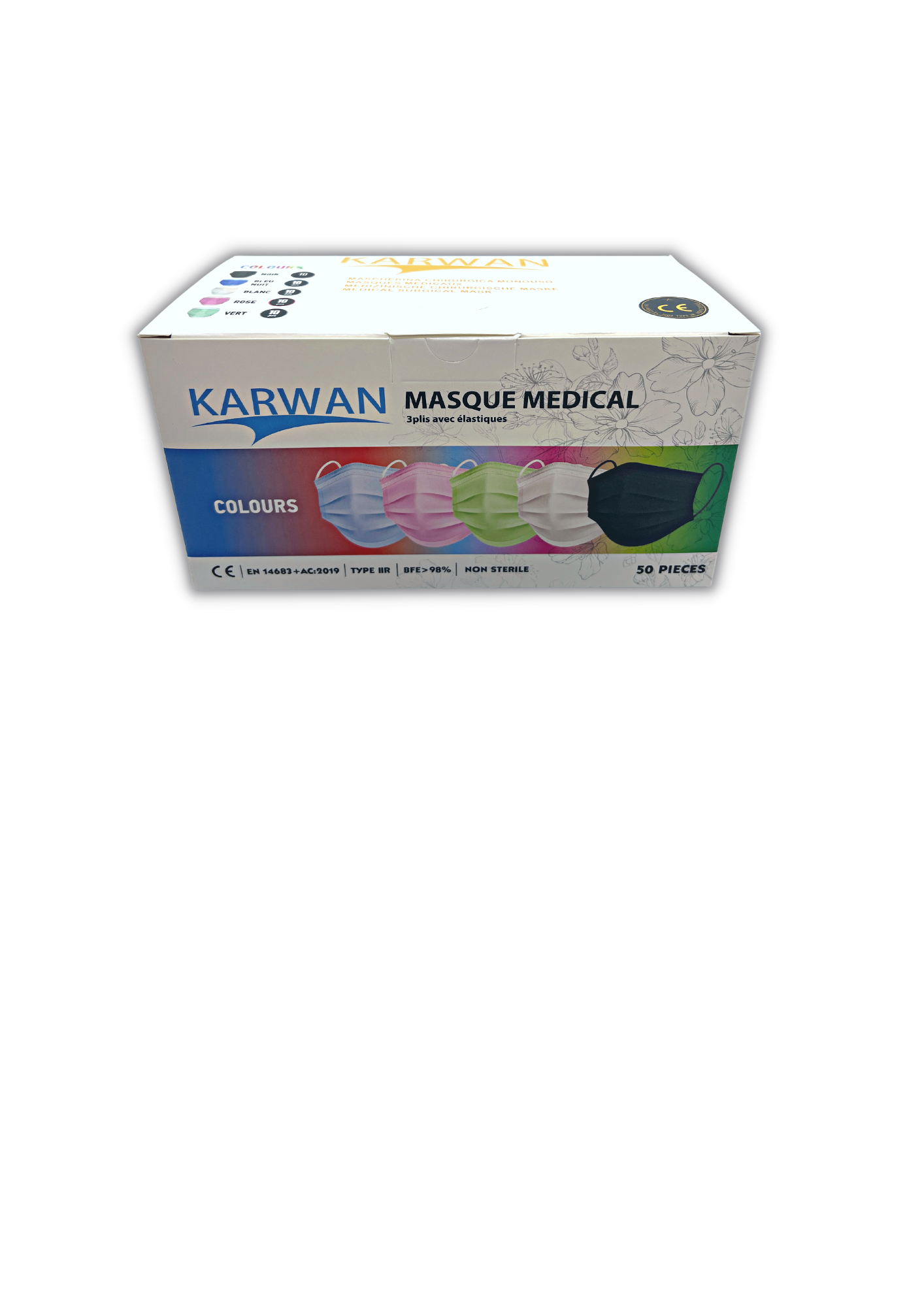 Masque chirurgical type IIR Multicouleur ( 5 SACHETS DE 10 ) (BFE>98%) EN14683:2019