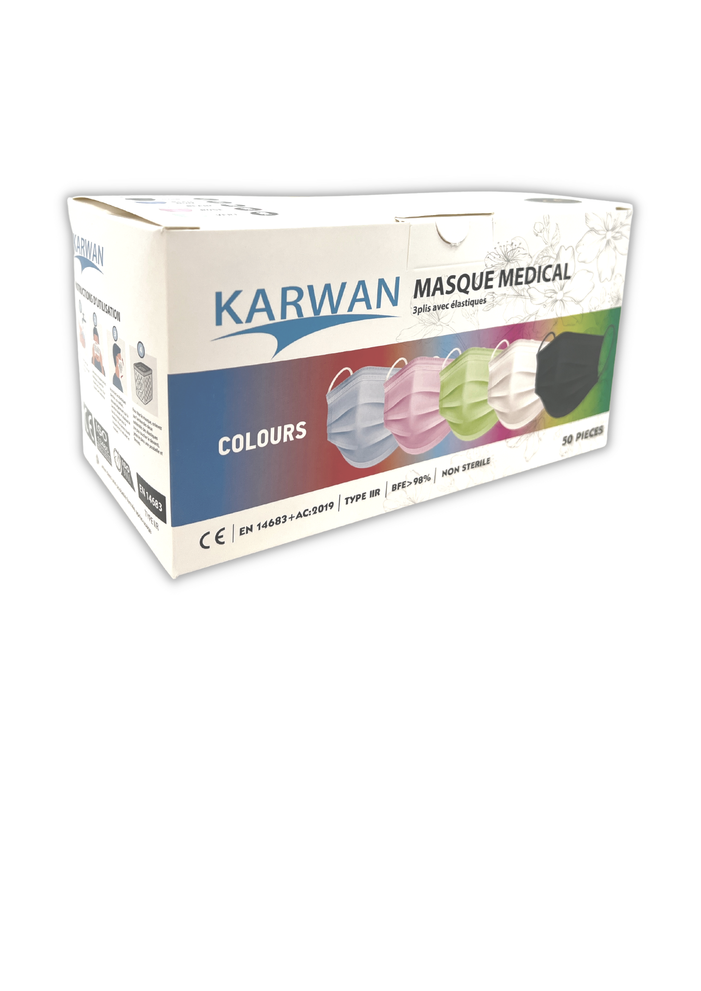 Masque chirurgical type IIR Multicouleur ( 5 SACHETS DE 10 ) (BFE>98%) EN14683:2019
