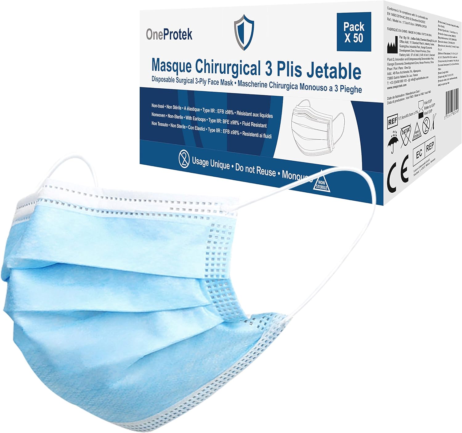 Masque chirurgical type IIR Bleu  ( 5 SACHETS DE 10) (BFE>98%) EN14683:2019