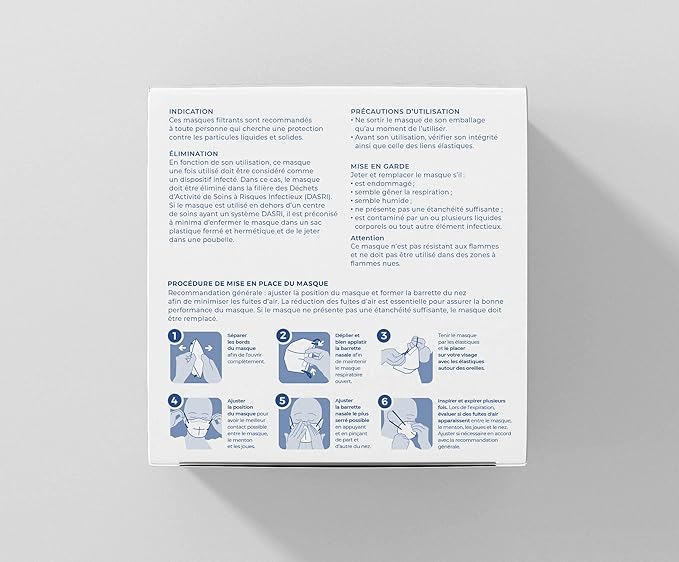 Masque FFP2 filtrant de protection (EFP > 99,5%) - Boite x50 - Certifié CE0082 norme EN149:2001 + A1:2009 FFP2 NR - Fabriqué en France