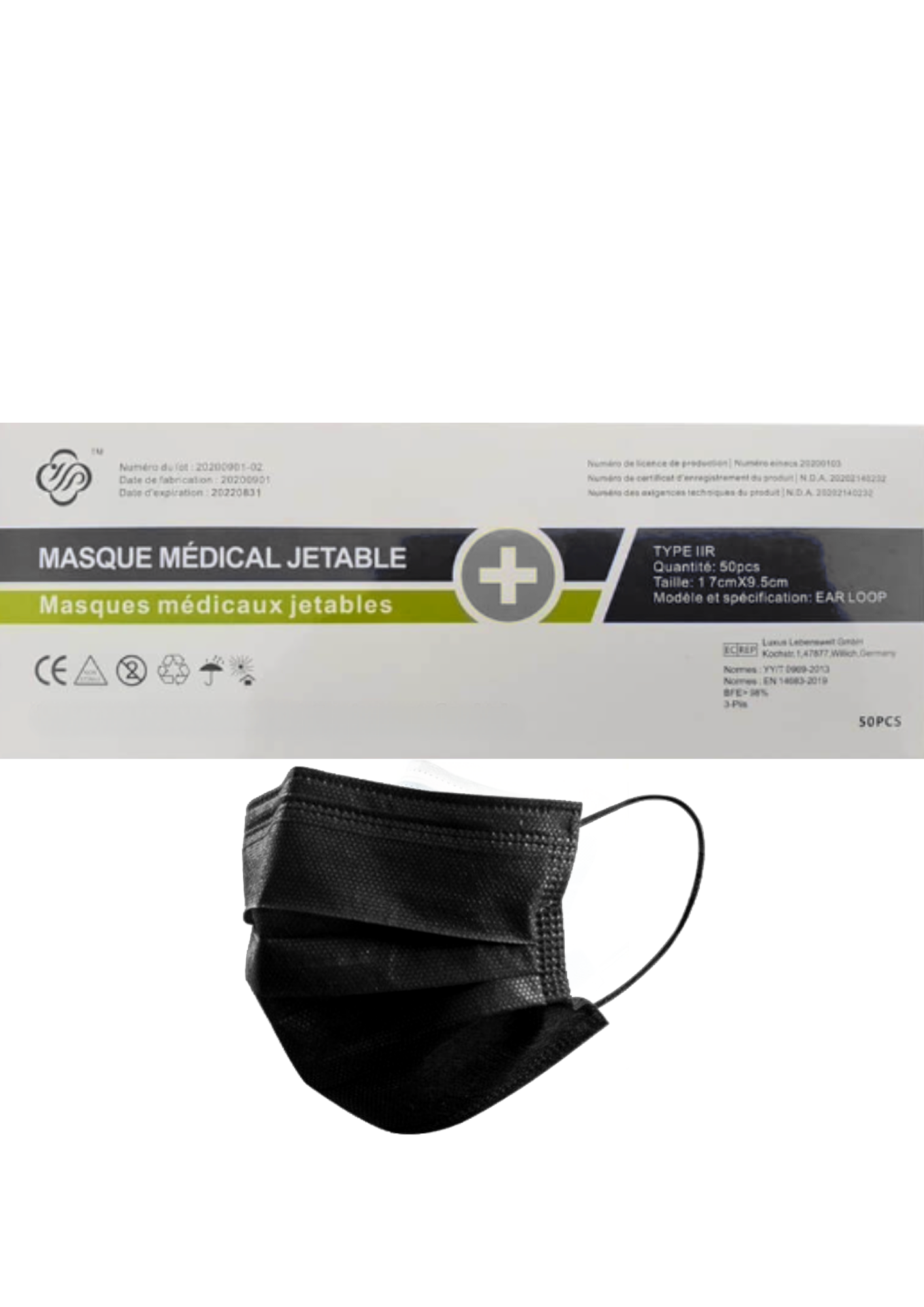 Masque chirurgical noir - Enfant - Type IIR Haute Filtration 98% - Boîte de  50 - Masque Type IIR - Enfant - Robé vente matériel médical