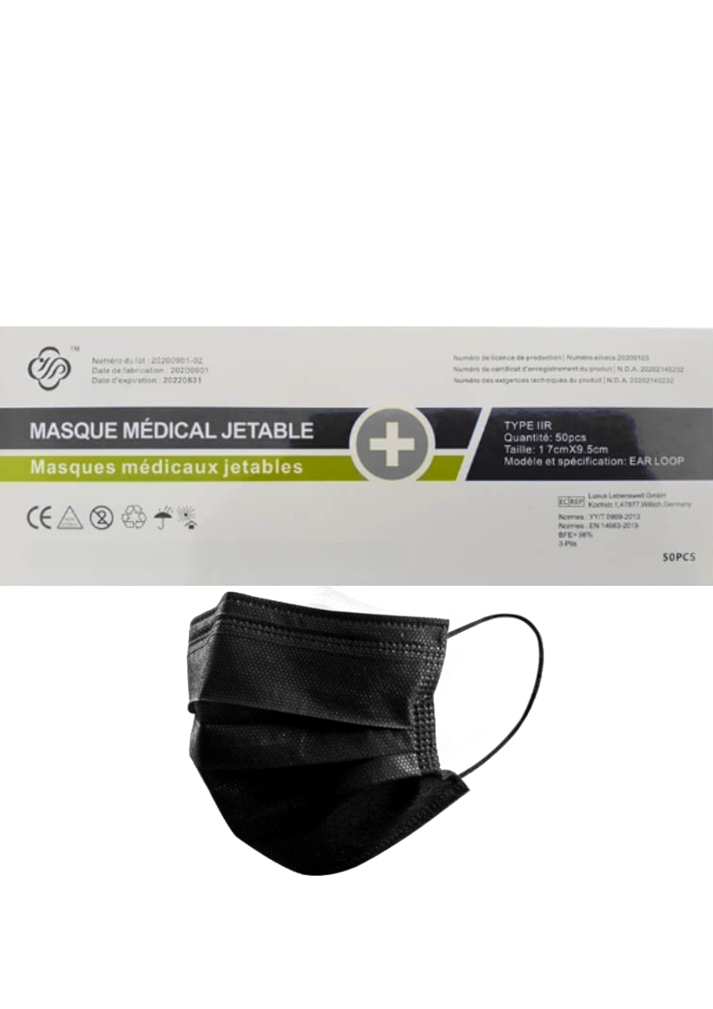 Masque chirurgical type IIR Noir ( BOITE DE 50) (BFE>98%) EN14683:2019