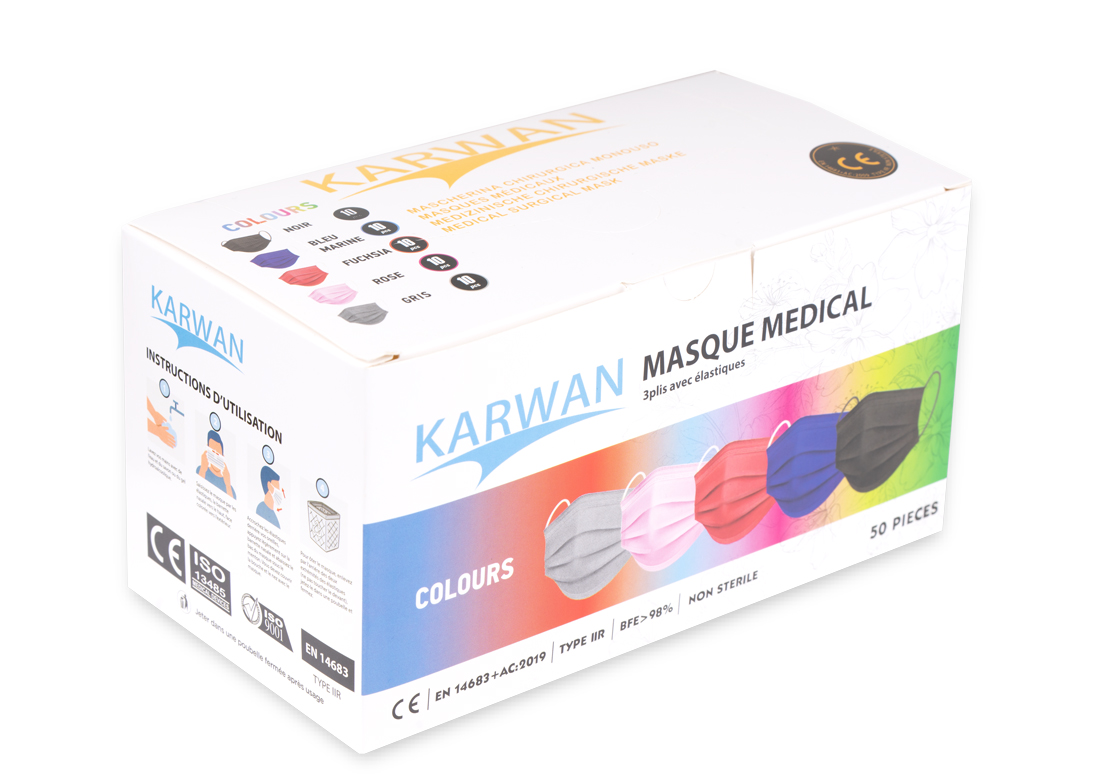 Masque chirurgical  type IIR  Multicouleur   ( 5 SACHETS DE 10 ) (BFE>98%) EN14683:2019