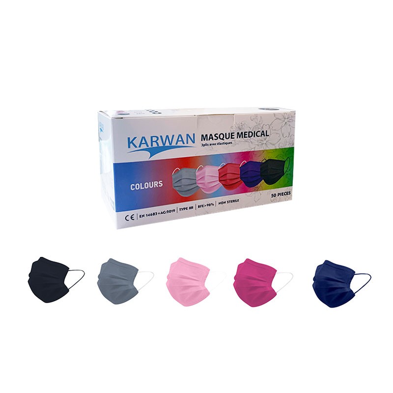 Masque chirurgical  type IIR  Multicouleur   ( 5 SACHETS DE 10 ) (BFE>98%) EN14683:2019