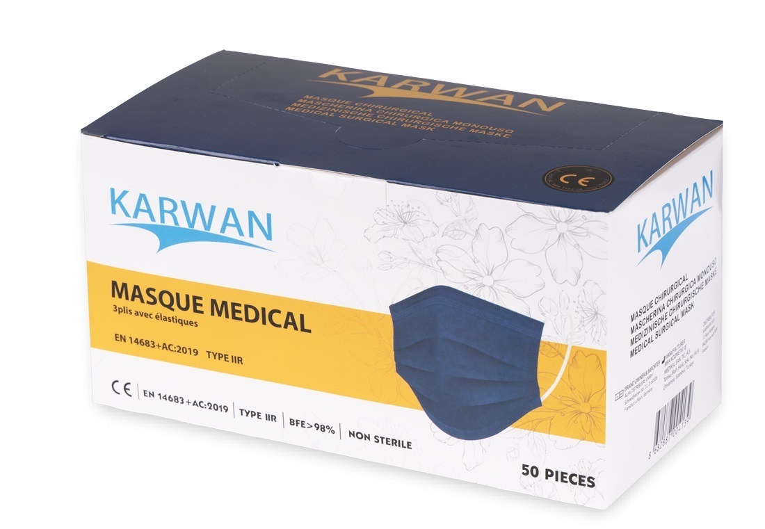 Masque chirurgical type IIR Bleu Marine   ( 5 SACHETS DE 10)   (BFE>98%) EN14683:2019